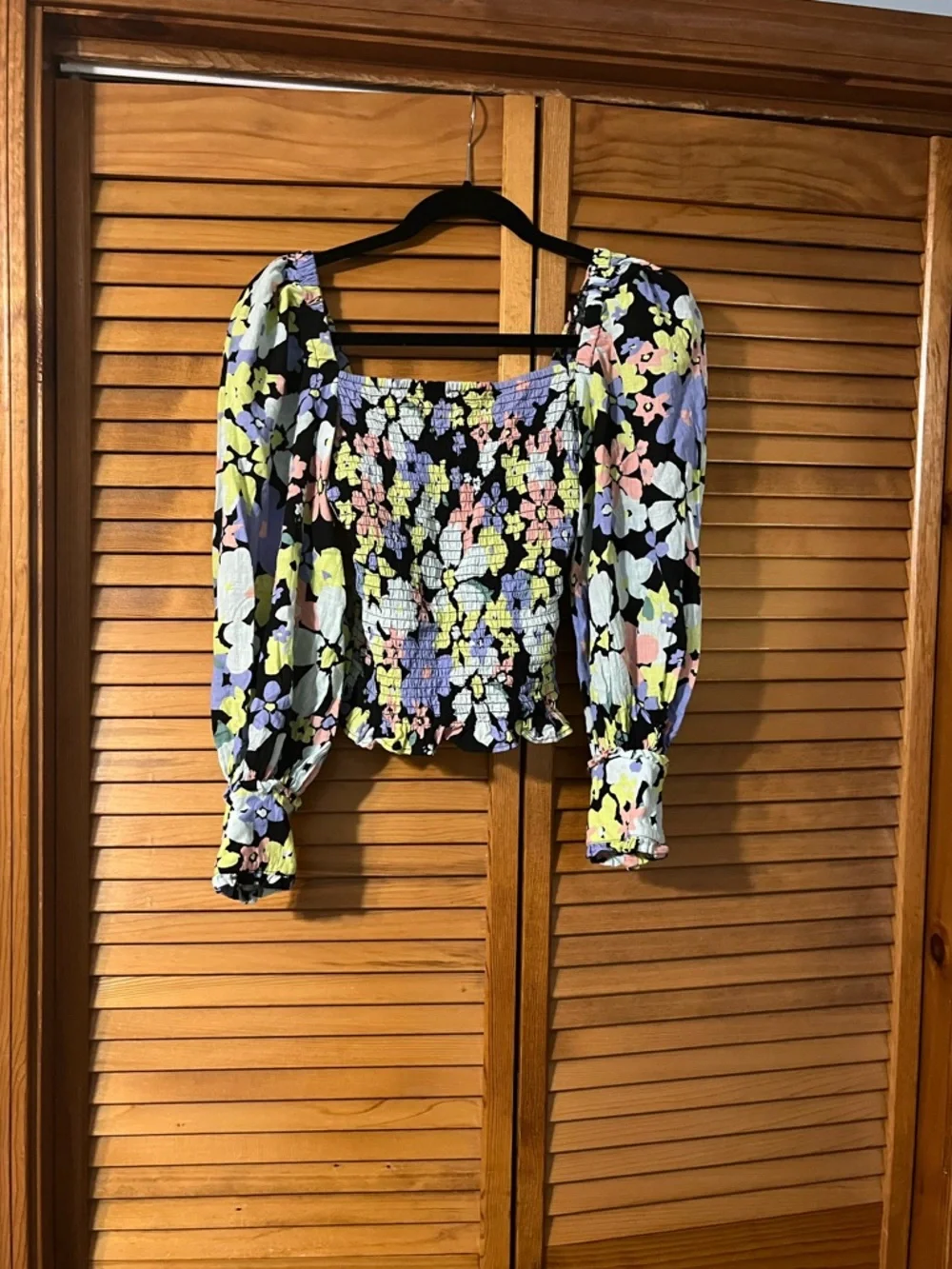 Free People Cotton Ariana Floral Smocked Cropped Blouse